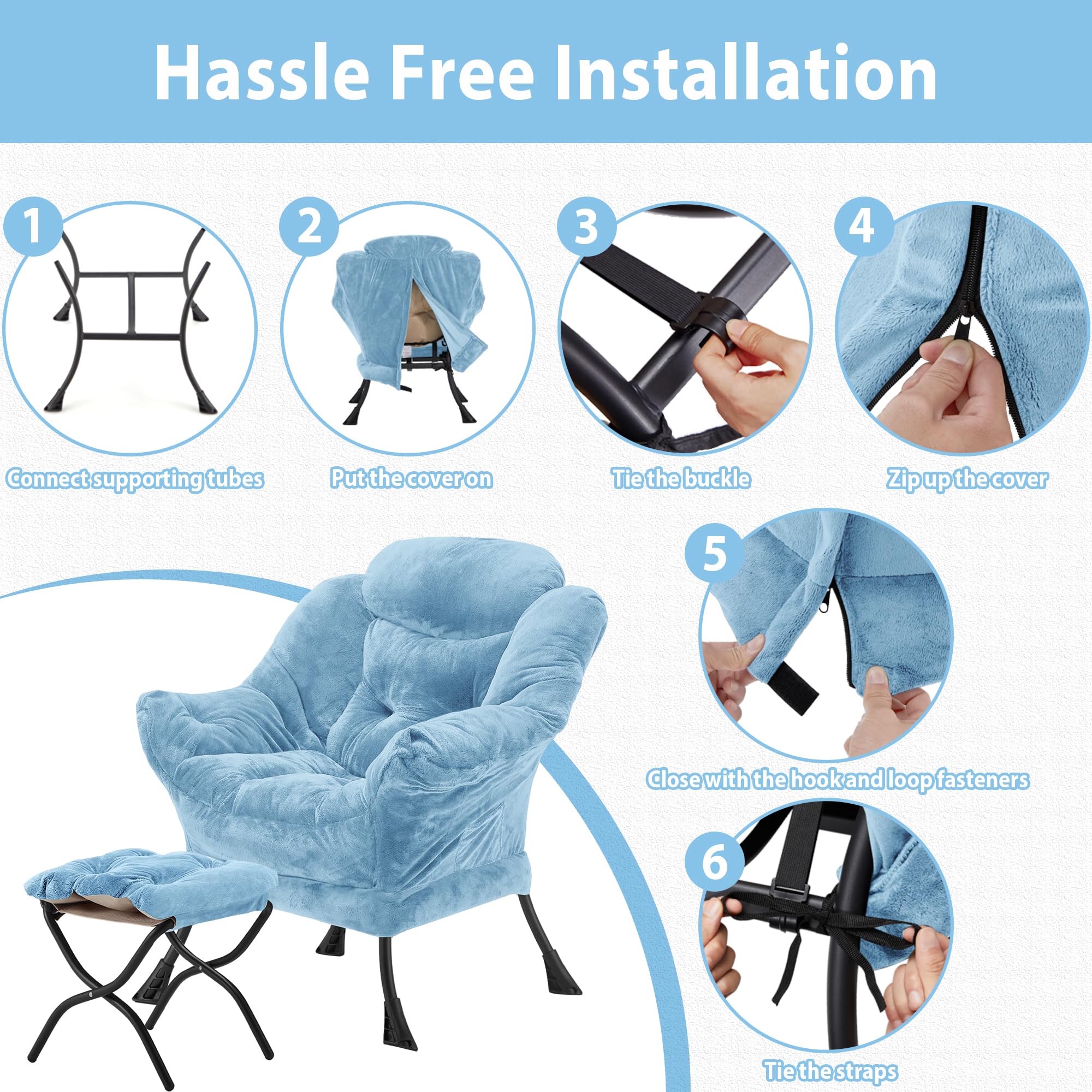 Youtanic Lazy Chair with Folding Ottoman, Accent Chair Velvet Upholstered with Metal Structure and Non-Slip Pads, Sofa Armchair with Footrest and Side Storage Bag for Dorm, Room, Office, Beige