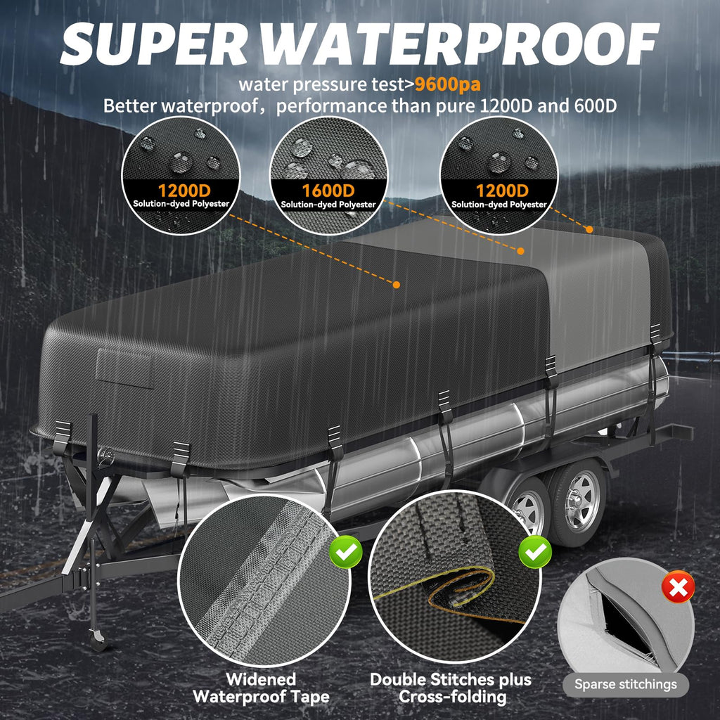 5-Ply 1600D+1200D Pontoon Boat Cover - Fully Waterproof & Ultra-Durable Tear-Resistant, with Large Storage Bag & Reinforced Windproof Straps (Fits 17'-20' Length,102" Width)