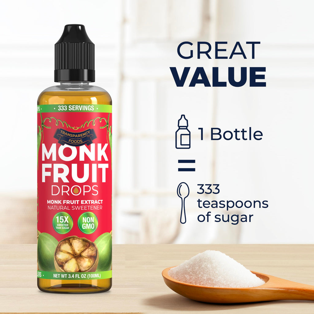 Monk Fruit Extract (6 Drops = 1 Tsp of Sugar) Zero Calories, Non-GMO, No Fillers - Liquid Monk Fruit Sweetener No Erythritol by Transparency Foods NEW FORMULA (1.7oz, 167 servings)