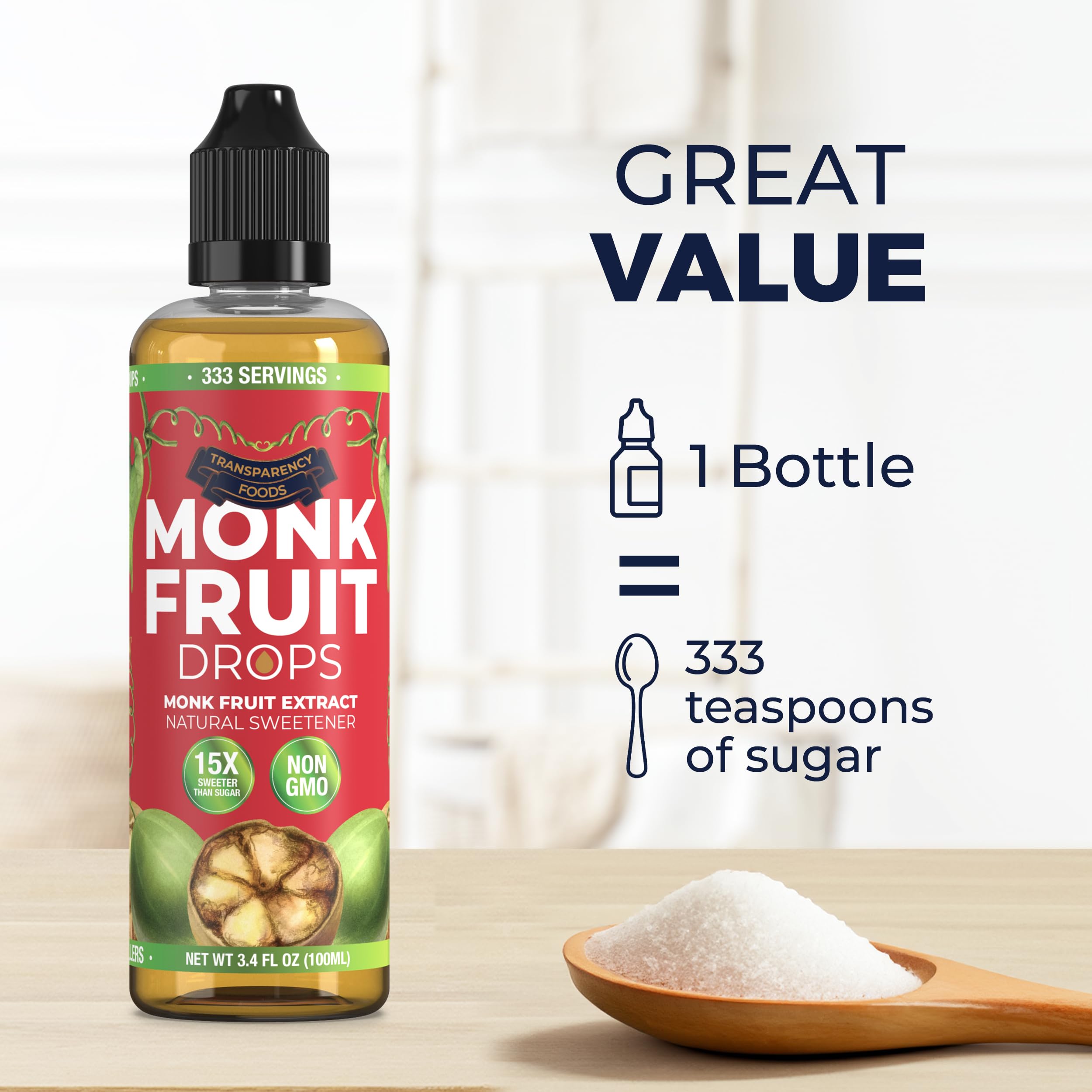 Monk Fruit Extract (6 Drops = 1 Tsp of Sugar) Zero Calories, Non-GMO, No Fillers - Liquid Monk Fruit Sweetener No Erythritol by Transparency Foods NEW FORMULA (1.7oz, 167 servings)