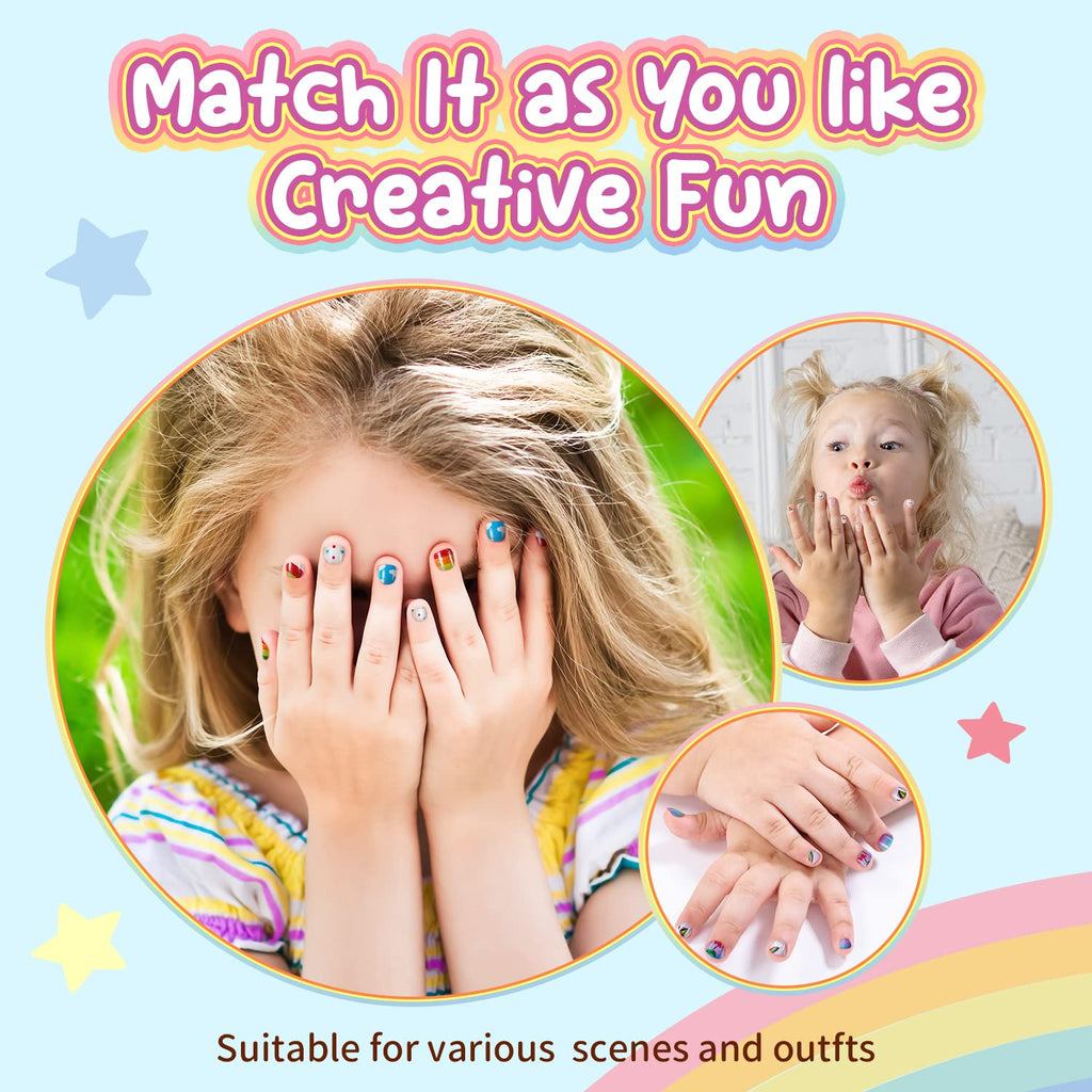 Modelones Press on Nails for Kids 144Pcs 6 Pack Children Acrylic Fake Nails Pre-glue Full Cover Glitter Gradient Color Heart Cat Short False Nail Art Kits Sets Christmas Gifts for Kids Girls
