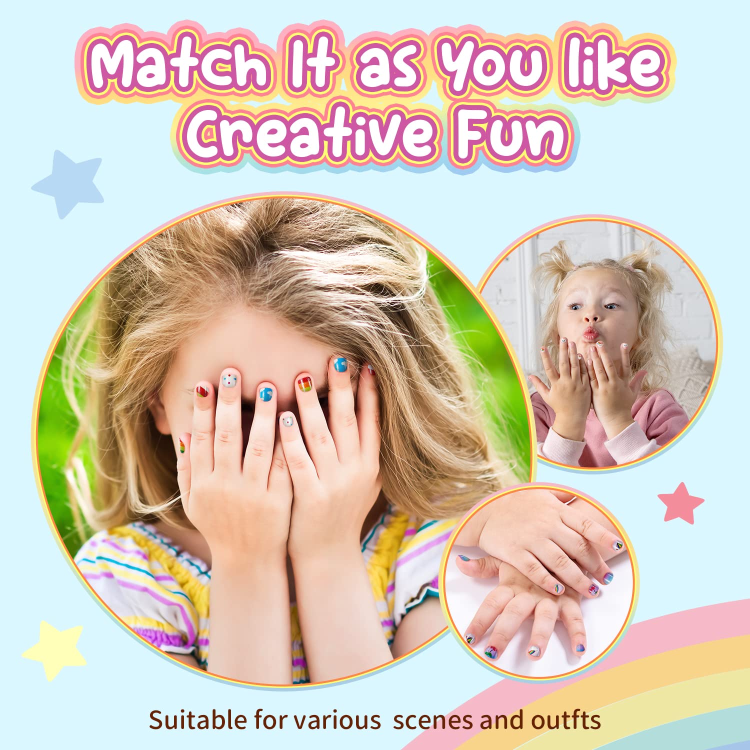 Modelones Press on Nails for Kids 144Pcs 6 Pack Children Acrylic Fake Nails Pre-glue Full Cover Glitter Gradient Color Heart Cat Short False Nail Art Kits Sets Christmas Gifts for Kids Girls