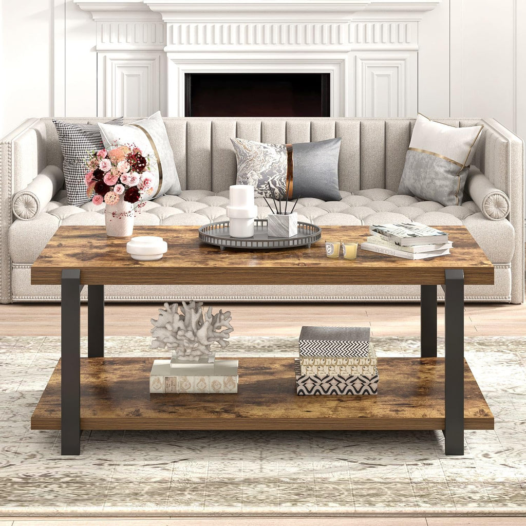 FOLUBAN Black Coffee Table, Modern Rustic Wood Center Table with Storage for Living Room, Industrial Rectangle 2 Tier Cocktail Tea Table, Black Oak