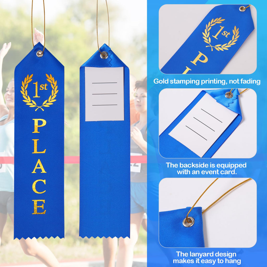 36PCS Award Ribbons, Medal Ribbons for 1st, 2nd, 3rd Place, Event Card & Rope Included, Perfect for Competitions, Sports Events, School Challenges, Vibrant Blue, Red, and White