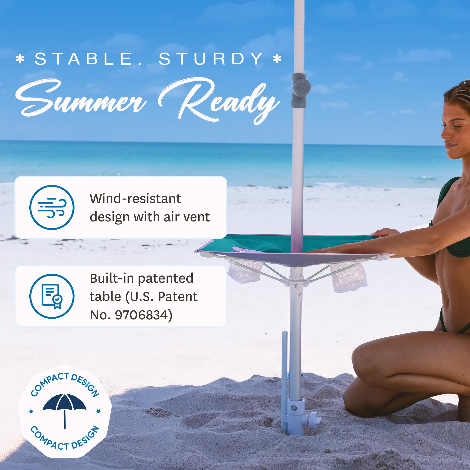 AMMSUN 7ft Heavy Duty High Wind Beach Umbrella with sand anchor, Built-in Table Tray Vent Tilt Pole, UPF 50+ Windproof Portable Outdoor Umbrellas Carry Bag for Patio Garden Pool Backyard stripe
