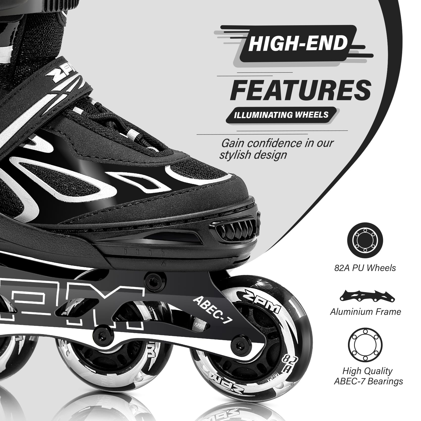 2PM SPORTS Vinal Girls Adjustable Flashing Inline Skates, All Wheels Light Up, Fun Illuminating Skates for Kids Men Adult Women and Boys