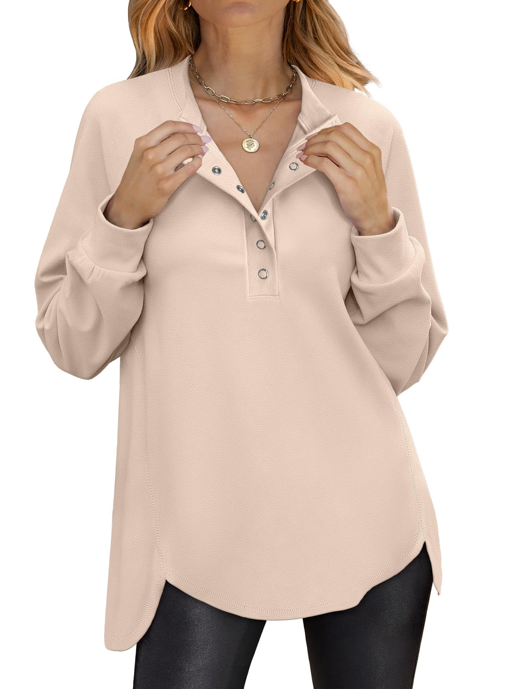 ANRABESS Women's Long Sleeve Henley Oversized Sweatshirts | Button Slit Hem Tunic Tops, Soft Loose Fit Pullover, School Work Office Outfits, Lounge Casual, Fall Winter Clothes