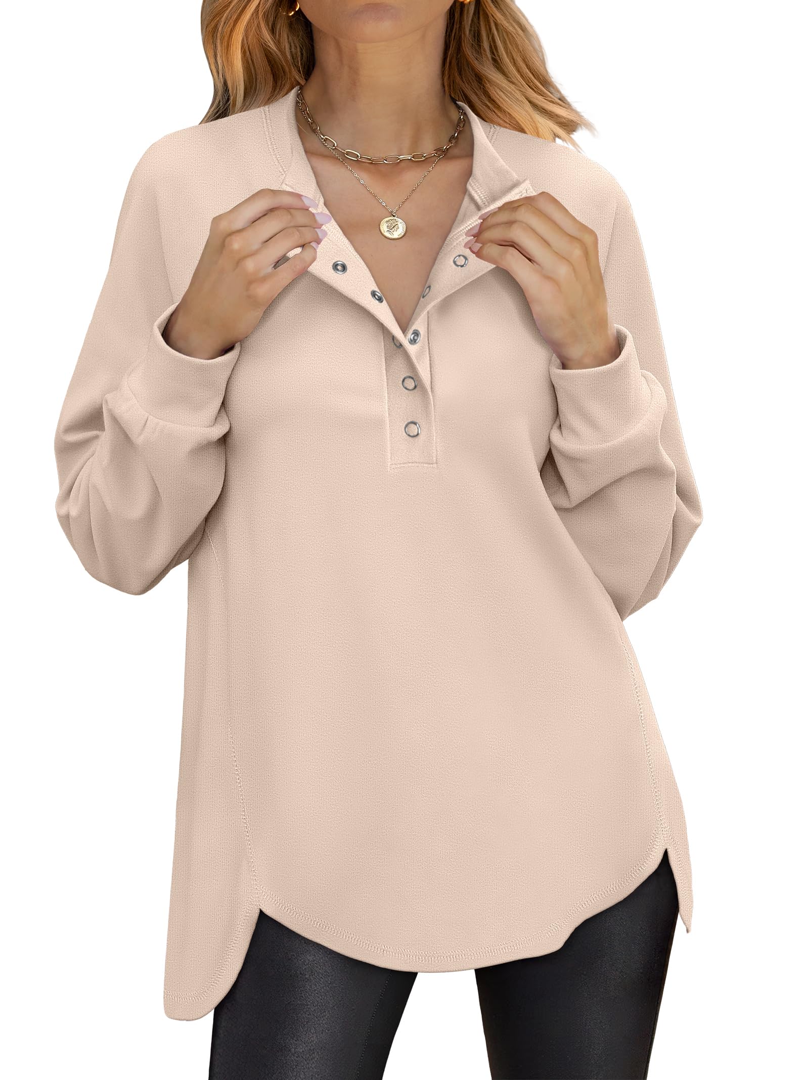 ANRABESS Women's Long Sleeve Henley Oversized Sweatshirts | Button Slit Hem Tunic Tops, Soft Loose Fit Pullover, School Work Office Outfits, Lounge Casual, Fall Winter Clothes