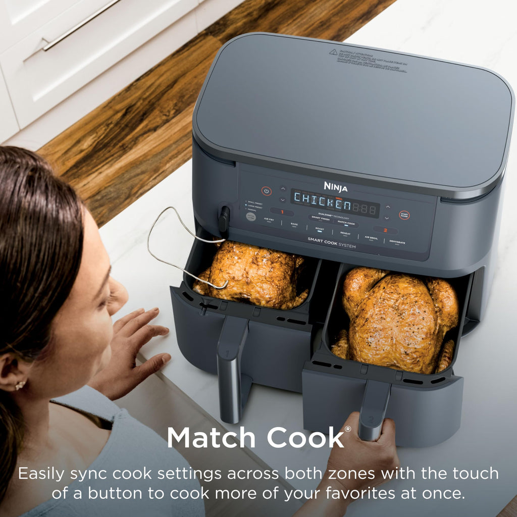 Ninja DZ550 Foodi 10 QT 6-in-1 DualZone Smart XL Air Fryer with 2 Independent Baskets, Smart Cook Thermometer for Perfect Doneness, Match Cook & Smart Finish to Roast, Dehydrate & More, Grey