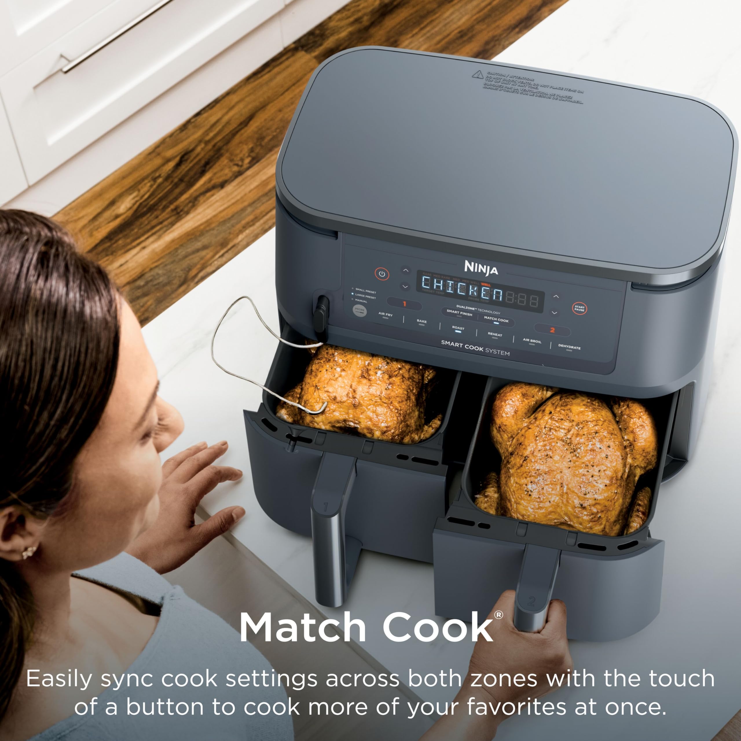 Ninja DZ550 Foodi 10 QT 6-in-1 DualZone Smart XL Air Fryer with 2 Independent Baskets, Smart Cook Thermometer for Perfect Doneness, Match Cook & Smart Finish to Roast, Dehydrate & More, Grey