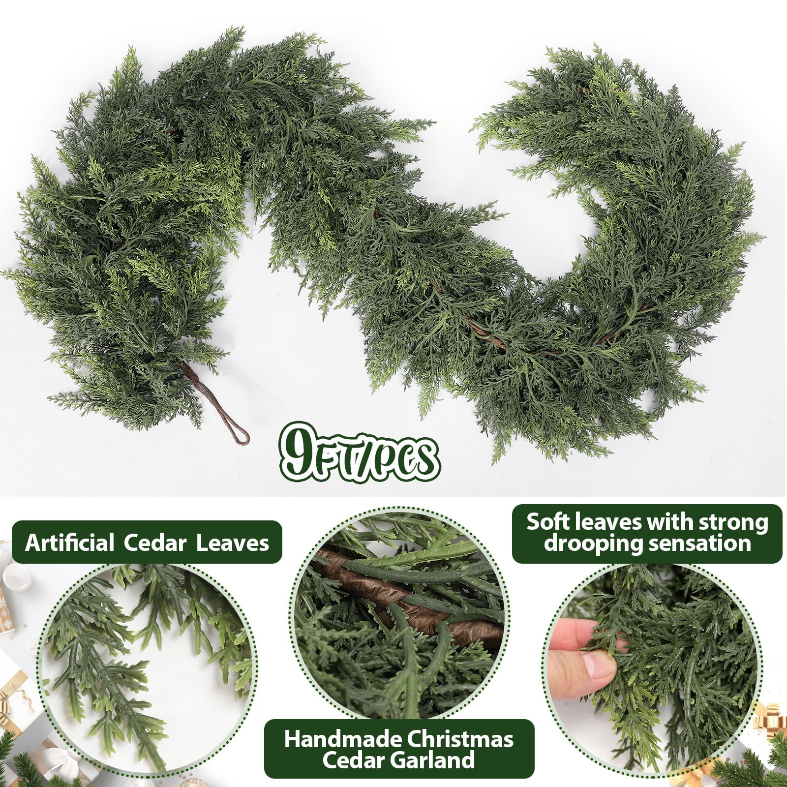 Waydress 1 Pcs 6 Feet Christmas Cedar Garland - Thick & Lush Realistic Artificial Green Faux Cedar Pine Needles Garland for Christmas Winter Home Mantel Fireplace Holiday Party Decor