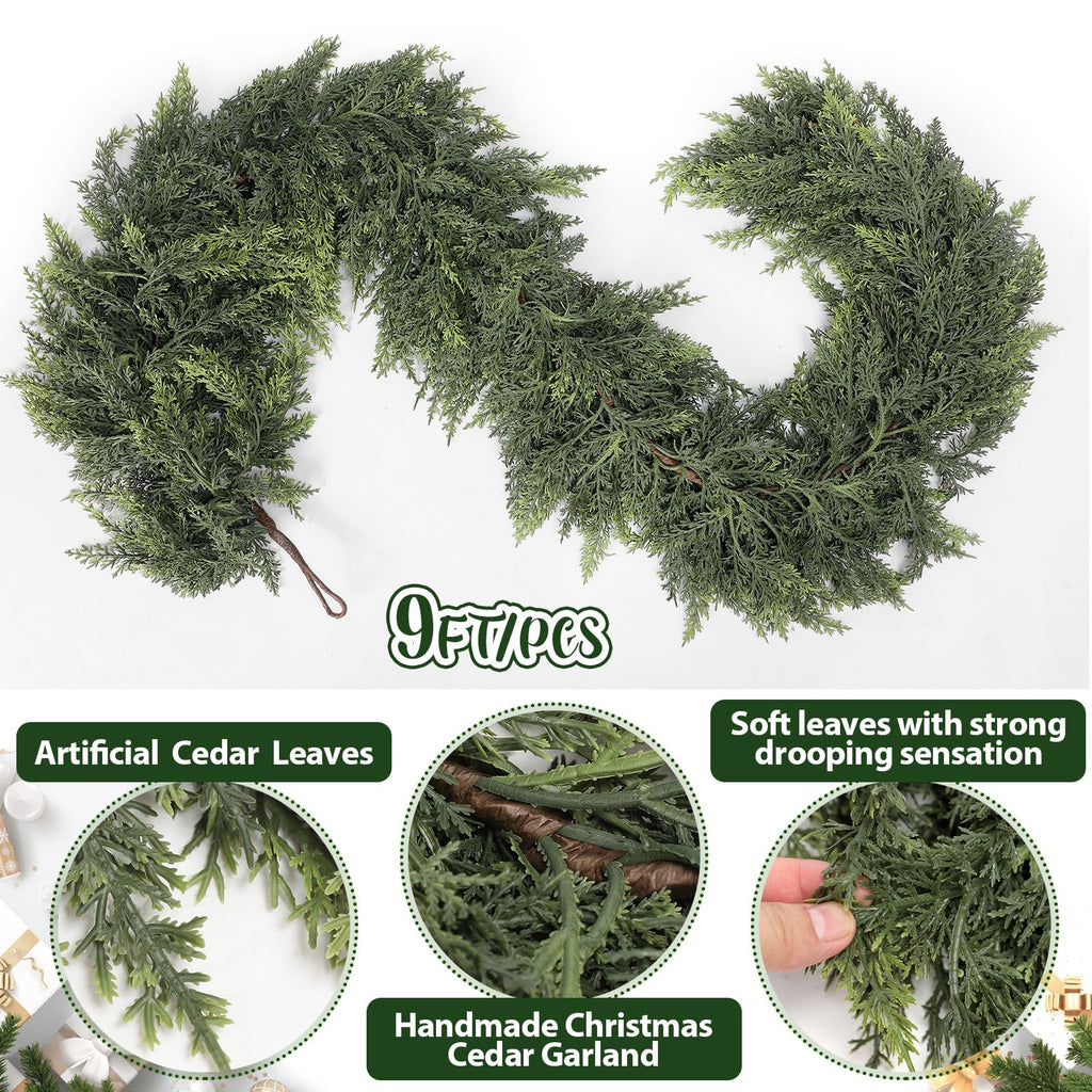 Waydress 1 Pcs 6 Feet Christmas Cedar Garland - Thick & Lush Realistic Artificial Green Faux Cedar Pine Needles Garland for Christmas Winter Home Mantel Fireplace Holiday Party Decor