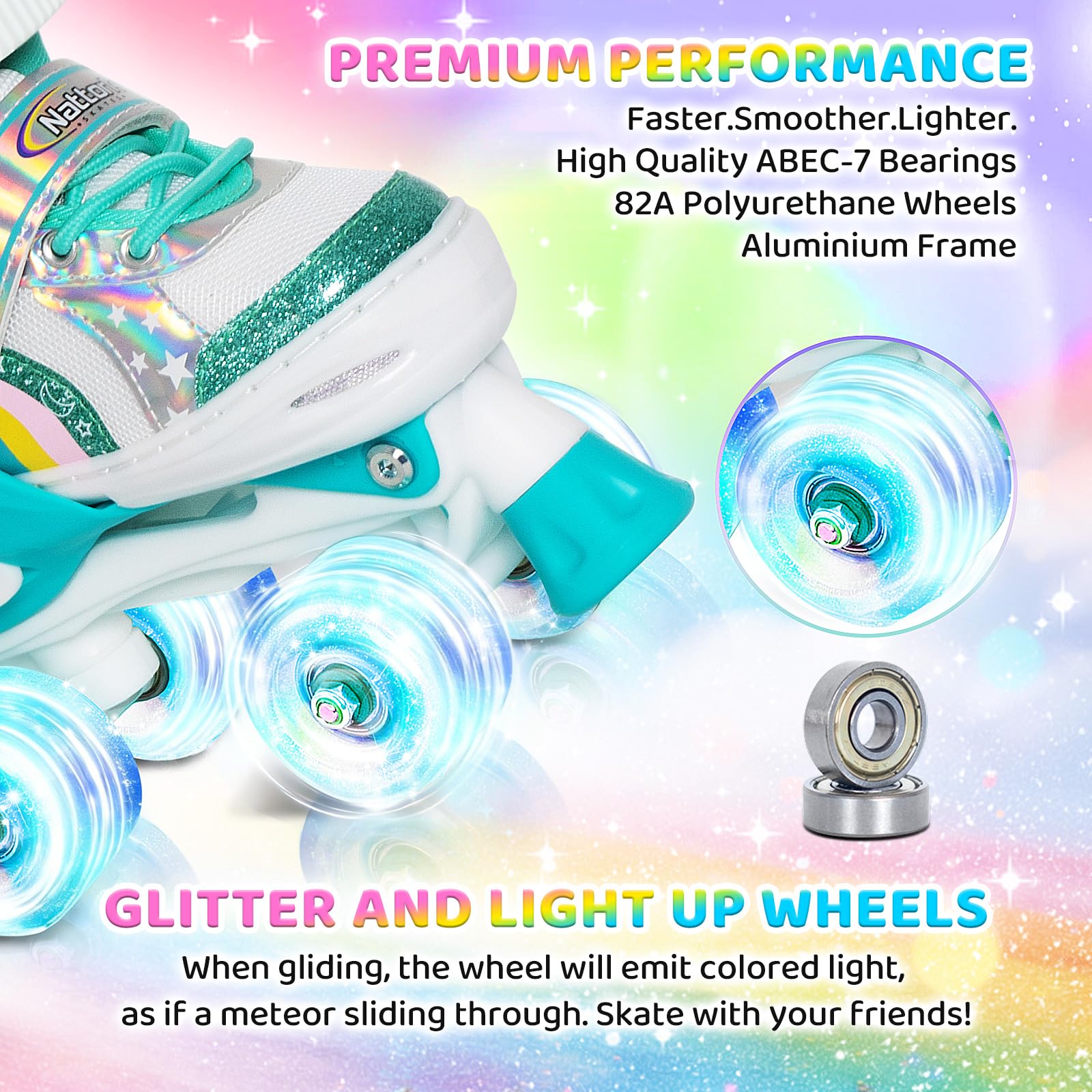 Nattork Girls Roller Skates for Kids, 4 Size Adjustable Rainbow Quad Skates with All Light Up Wheels - Best Birthday Gift for Outdoor Sports