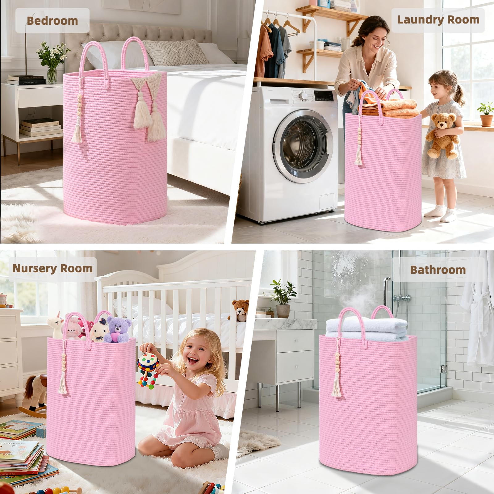 Woven Laundry Basket for Clothes, 50L Large Rectangle Laundry Hampers with Beads Tassel, Nursery Storage Basket for Toys, Tall Dirty Clothes Hamper for Bedroom Aesthetic, Laundry Room Organization