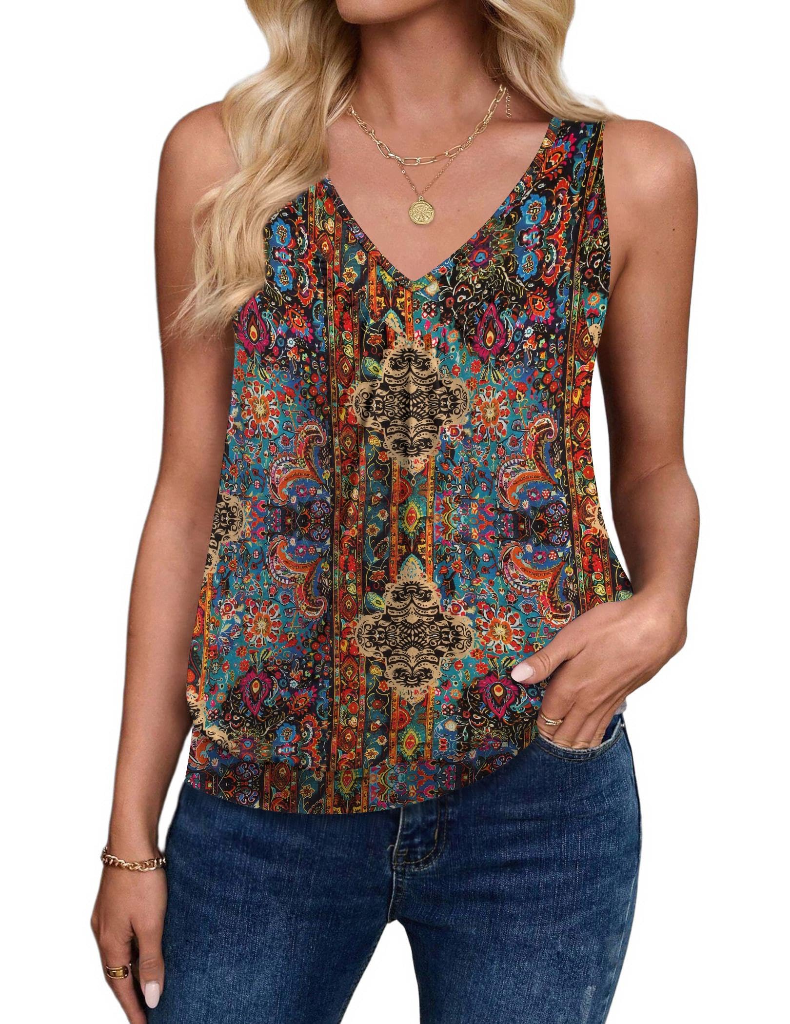 Zeagoo Womens Tank Tops Loose Fit V Neck Ruched Sleeveless Tops Casual Basic Banded Shirts S-XXL
