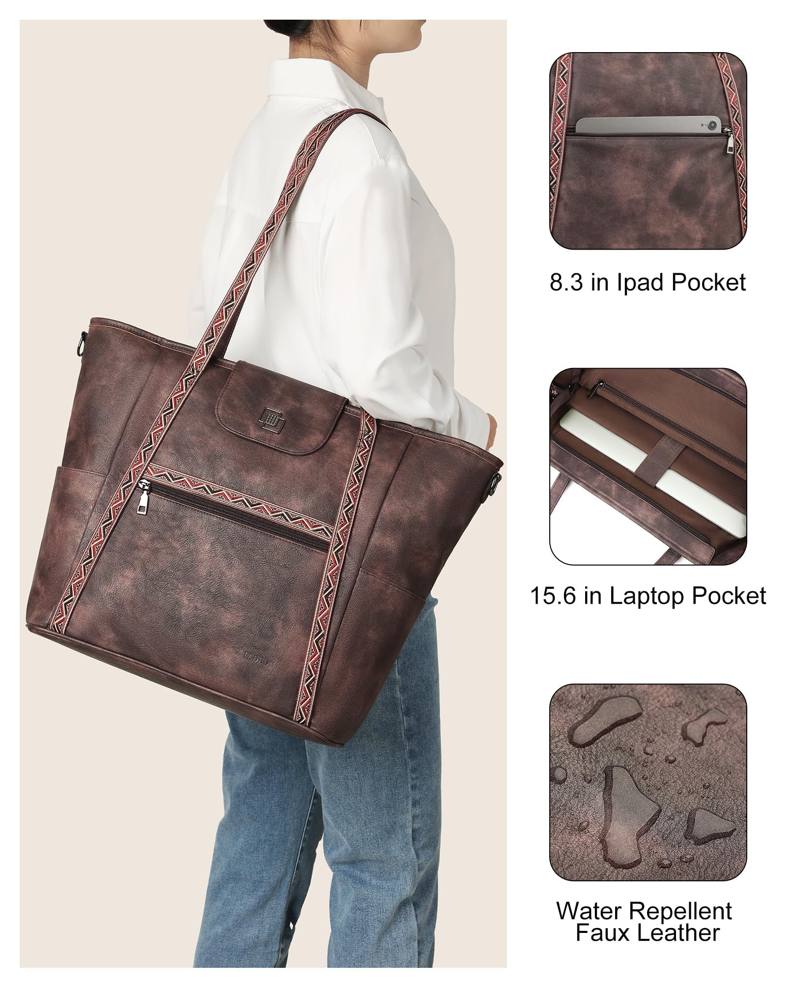 FADEON Large Laptop Tote Bag for Women Designer Leather Laptop Bag Fashion Travel Backpack Purse Shoulder Handbag