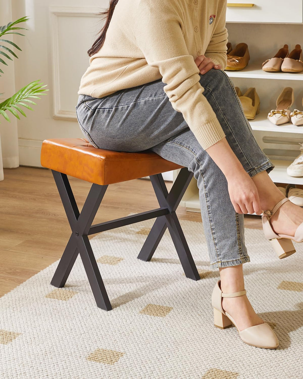IBUYKE U-Shaped PU Vanity Stool, Square Makeup Chair with X-Leg, Ottoman Seat Footrest Stool, Multi-Use as Small Side Table, for Bedroom, Living Room, Black WBD019B