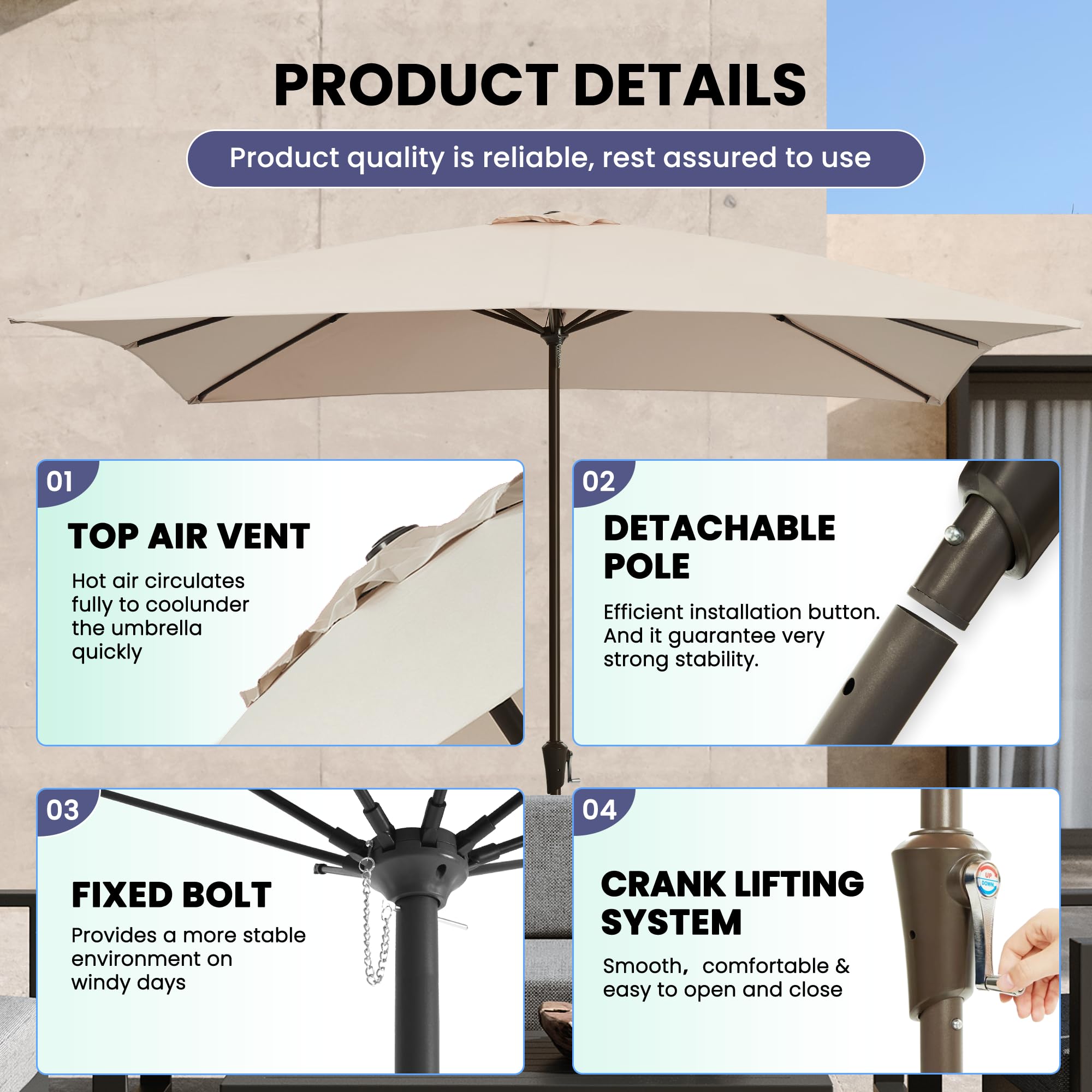 Ayge 6.5x10FT Rectangular Patio Umbrella Outdoor Table Umbrella w/Push Button Tilt & Crank Rectangle Market Umbrella UV Protection for Garden,Deck,Lawn,Yard & Pool,Beige