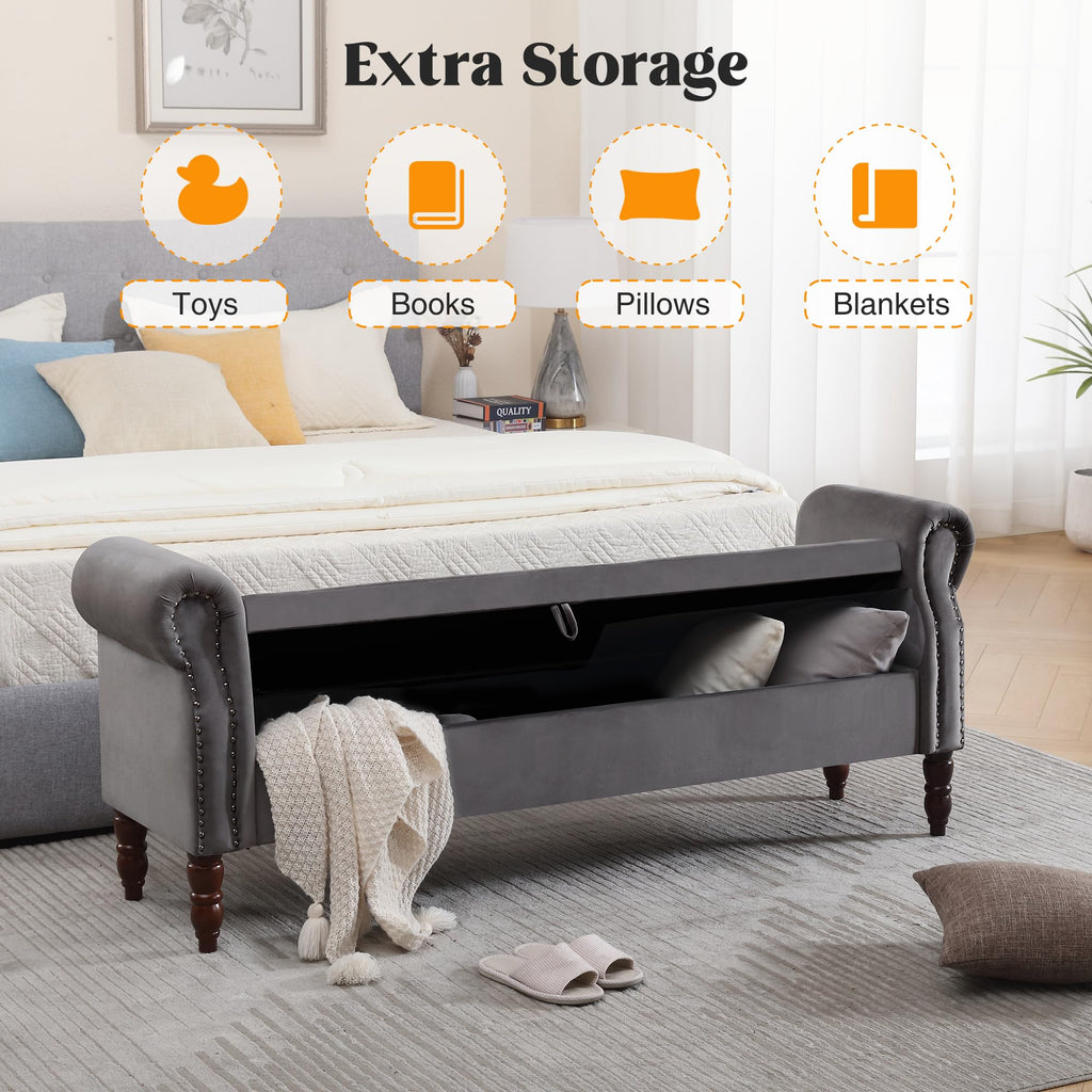 Storage Bench for Bedroom, 67" End of Bed Bench King Size, Velvet Bedroom Bench with Storage, Upholstered Tufted Storage Ottoman Benches with Arms for Bedroom, Entryway, Living Room, Beige
