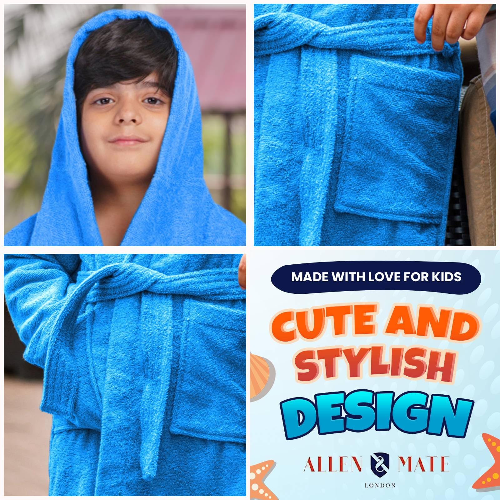 ALLEN & MATE 100% COTTON Hooded Kids Bathrobe – Soft, Medium Weight Absorbent Bath Towel Robe for Boys & Girls, 6-15 Years