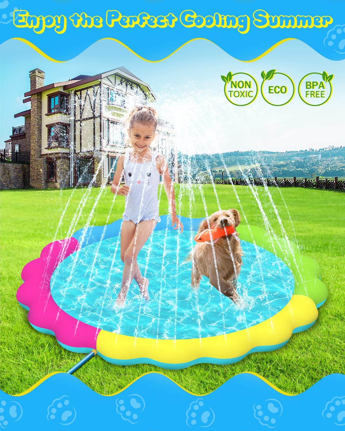 Raxurt Splash Pad, Non-Slip Thicken Splash Pad for Kids Ages 4-8 Toddler Baby Splash Sprinkler Pad Dog Pool Summer Outdoor Water Toys for Boys Girls, 59'' Blue