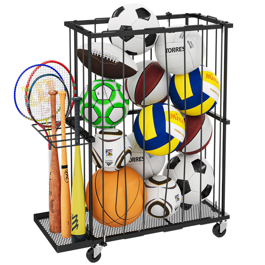 Hencawima Garage Ball Storage: Round Sports Equipment Organizer with Wheels, Sports Ball Rack With Elastic Rope, Ball Holder for Basketball, Soccer, Volleyball, Football, Garage, Gym, Outdoor (Black)