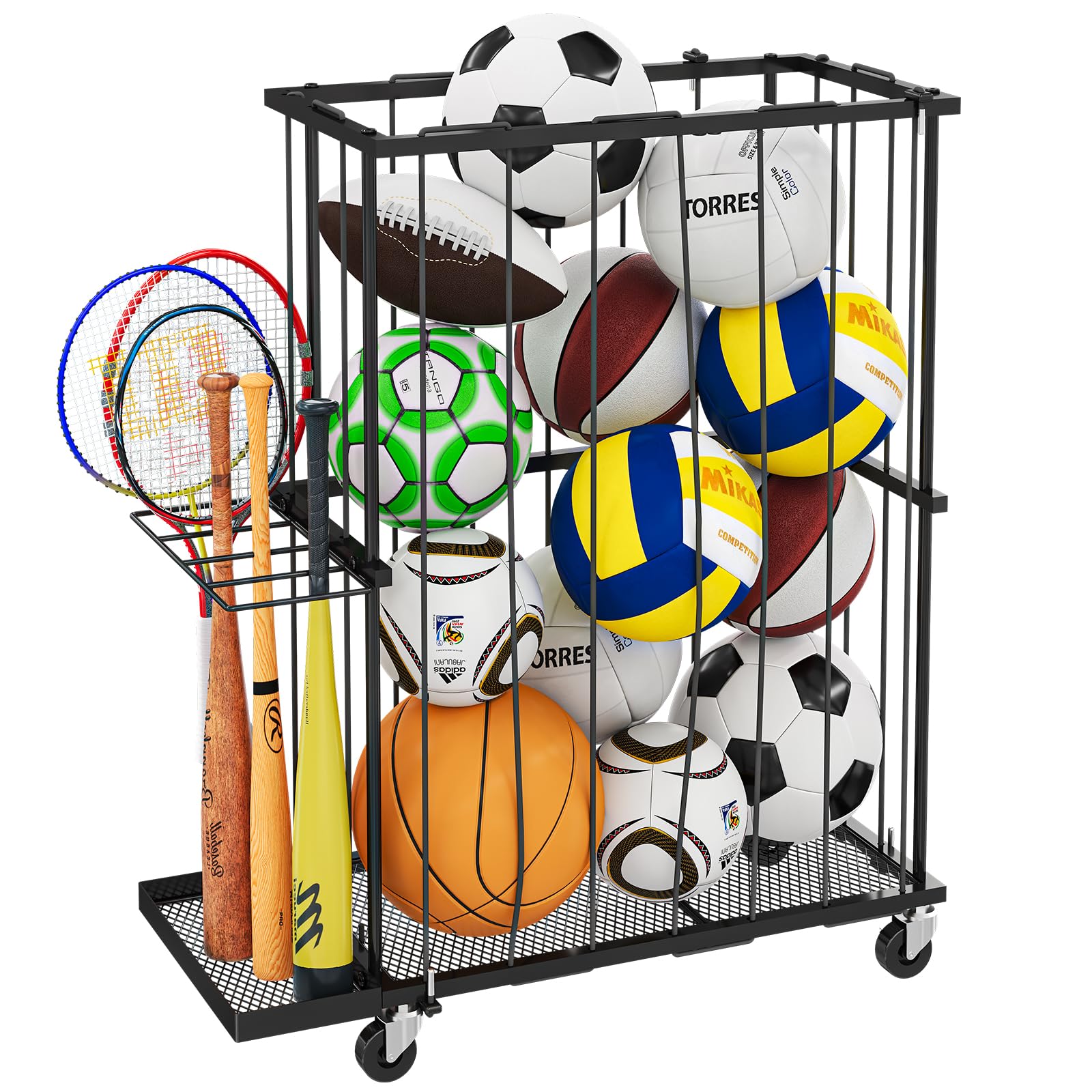Hencawima Garage Ball Storage: Round Sports Equipment Organizer with Wheels, Sports Ball Rack With Elastic Rope, Ball Holder for Basketball, Soccer, Volleyball, Football, Garage, Gym, Outdoor (Black)