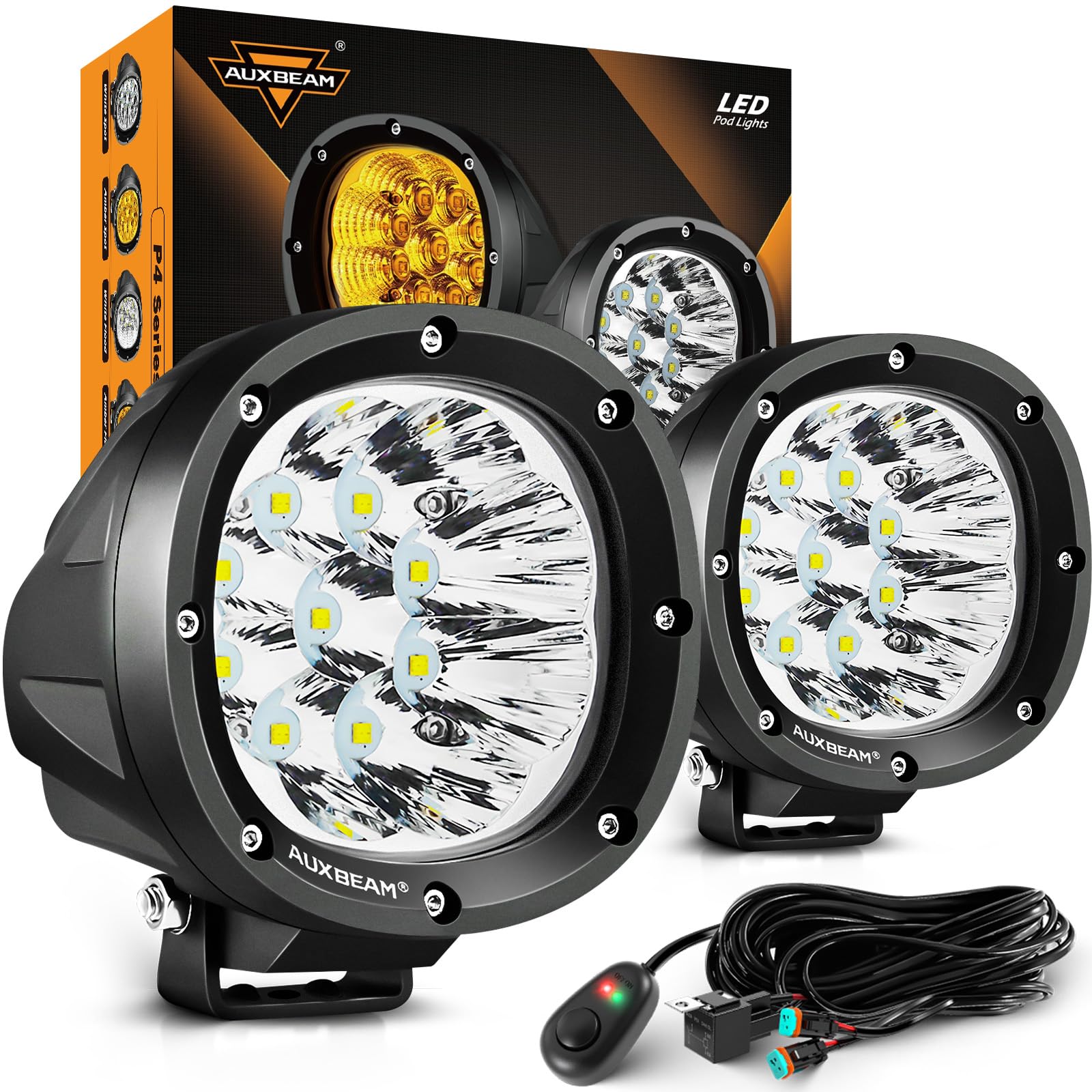 Auxbeam P4 Series Flood Beam LED Pods 4 Inch 90W Round Offroad Fog Lights Driving Flood Light Bar Bumper A-Pillar Hood Mount for Trucks ATV UTV Motorcycle Jeep