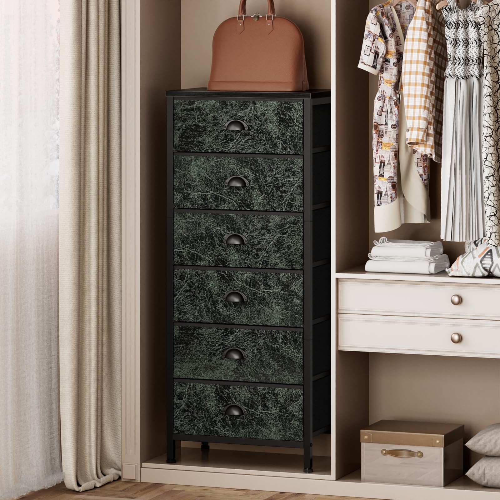 Furnulem Tall Dresser with 6 Drawers,Vertical Bedside End Table & Chest for Bedroom,Black Storage Tower Dorm Nightstand with Fabric Drawer Organizer Unit Furniture in Living Room,Closet,Hallyway