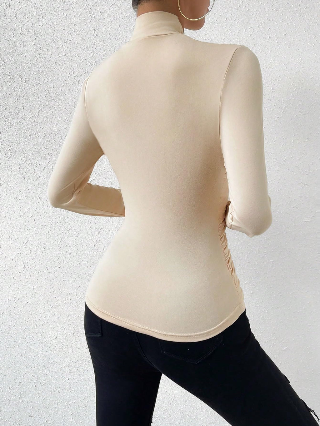 SweatyRocks Women's Ruched Mock Neck Long Sleeve T Shirt Solid Slim Fitted Tee Tops