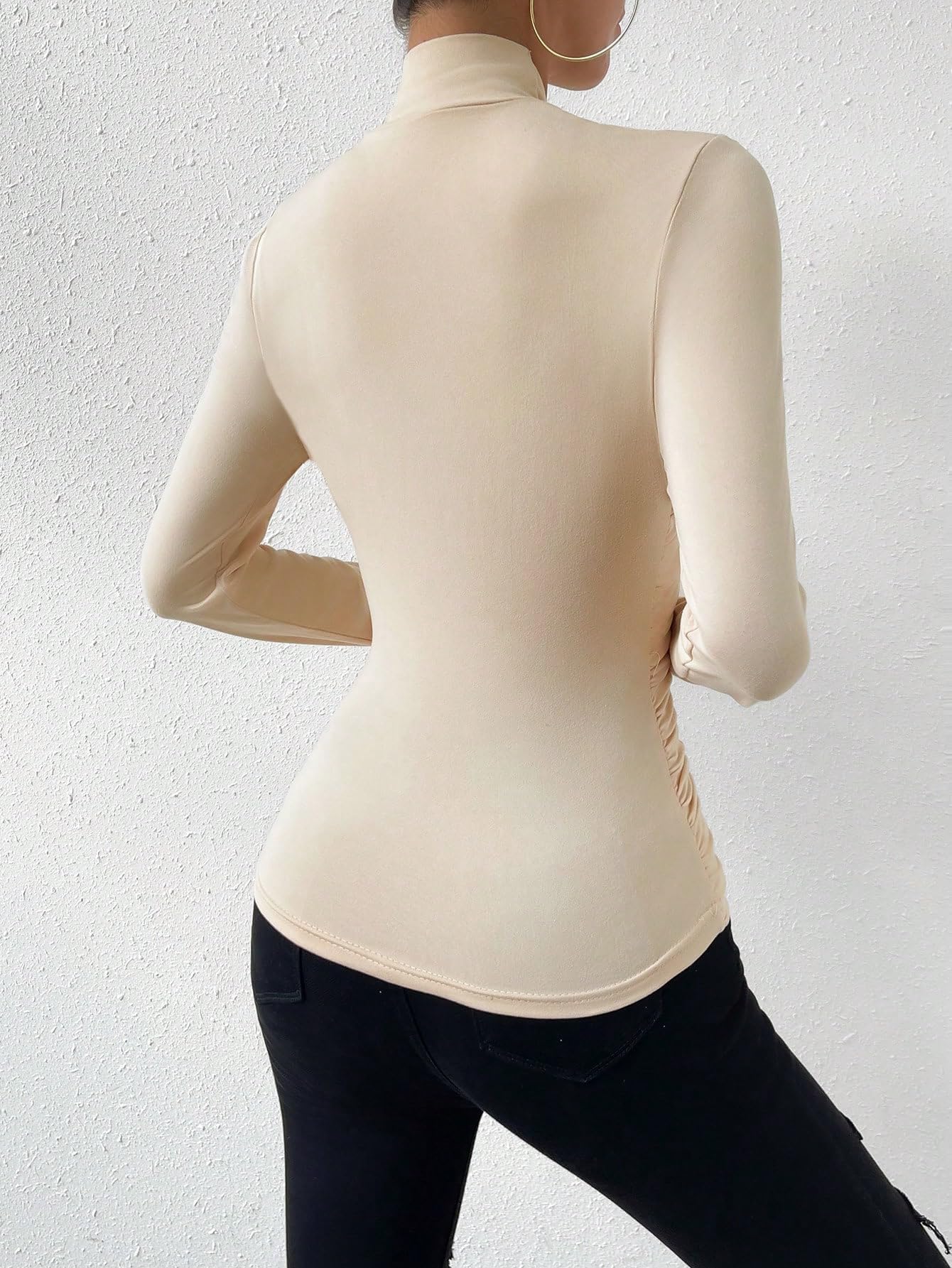 SweatyRocks Women's Ruched Mock Neck Long Sleeve T Shirt Solid Slim Fitted Tee Tops