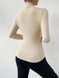 SweatyRocks Women's Ruched Mock Neck Long Sleeve T Shirt Solid Slim Fitted Tee Tops