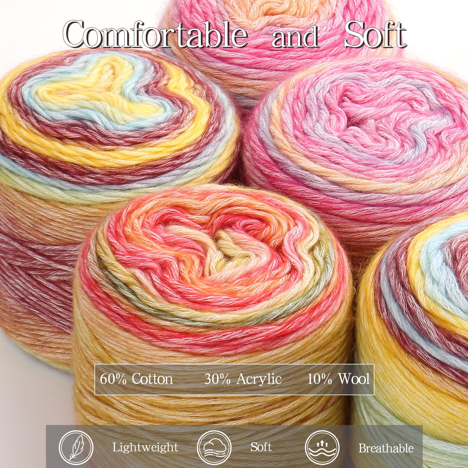 Katech Fairyland Yarn for Crocheting Knitting-Gradient Yarn Cake-4 Pack of 100g/3.52 oz-Soft DK Light Weight #3-60% Cotton 30% Acrylic 10% Wool-Perfect for Scarves, Shawls, Blankets and Garments(A)