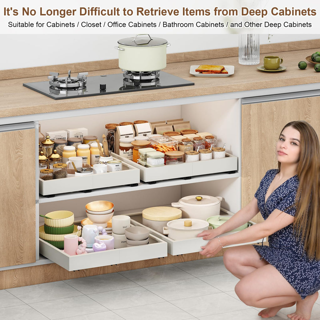 Pull out Cabinet Organizer,Width (11"-16") and Depth (17"-24") Expandable With 3 Rails,No Drill Adjustable Slide out Drawers for Kitchen,Pantry,Adhesive Roll out Shelves,for Cabinets without Lip,Black