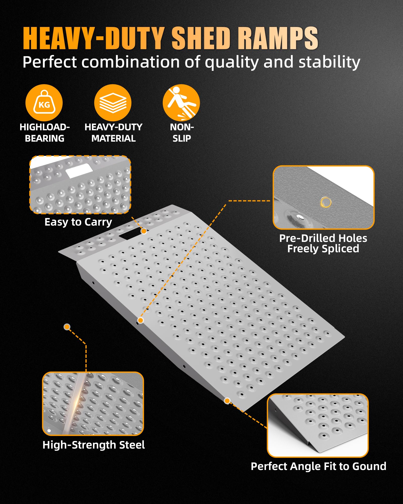 VNN 29" x 24" Shed Ramp for Riding Mower - 750 LB Capacity Shed Ramps, Anti-Slip Punch Plate Ramp for ATV, Motorcycles, Garages & Barns (1PC,Black, Alloy)