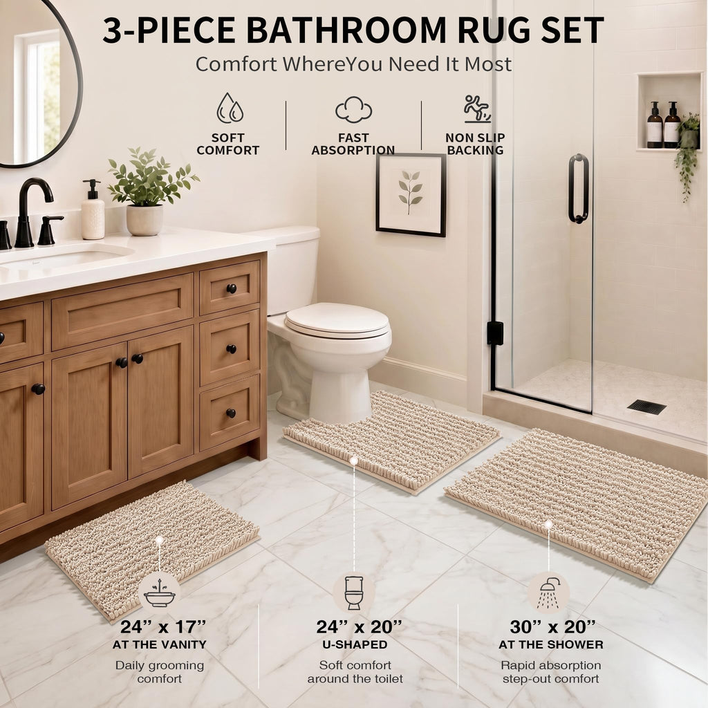 Yimobra Black Bathroom Rug Set 3 Piece - Super Absorbent Quick Dry Chenille Bath Mats & Toilet Rug, Non Slip Machine Washable, Extra Thick Shaggy Floor Mat for Shower Tub Sink