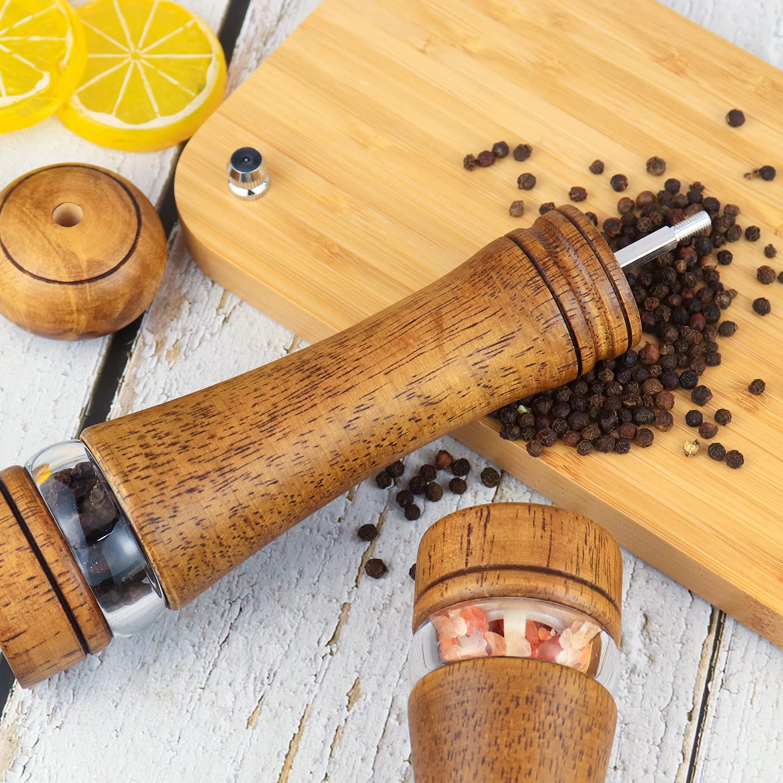 Haomacro Wood Salt and Pepper Grinder Mills Set, Classic Manual Pepper Grinder Salt Grinder Refillable Pepper Mill Sets with Acrylic Visible Window Adjustable Ceramic Grinding Rotor 6.5inch 2 Pack