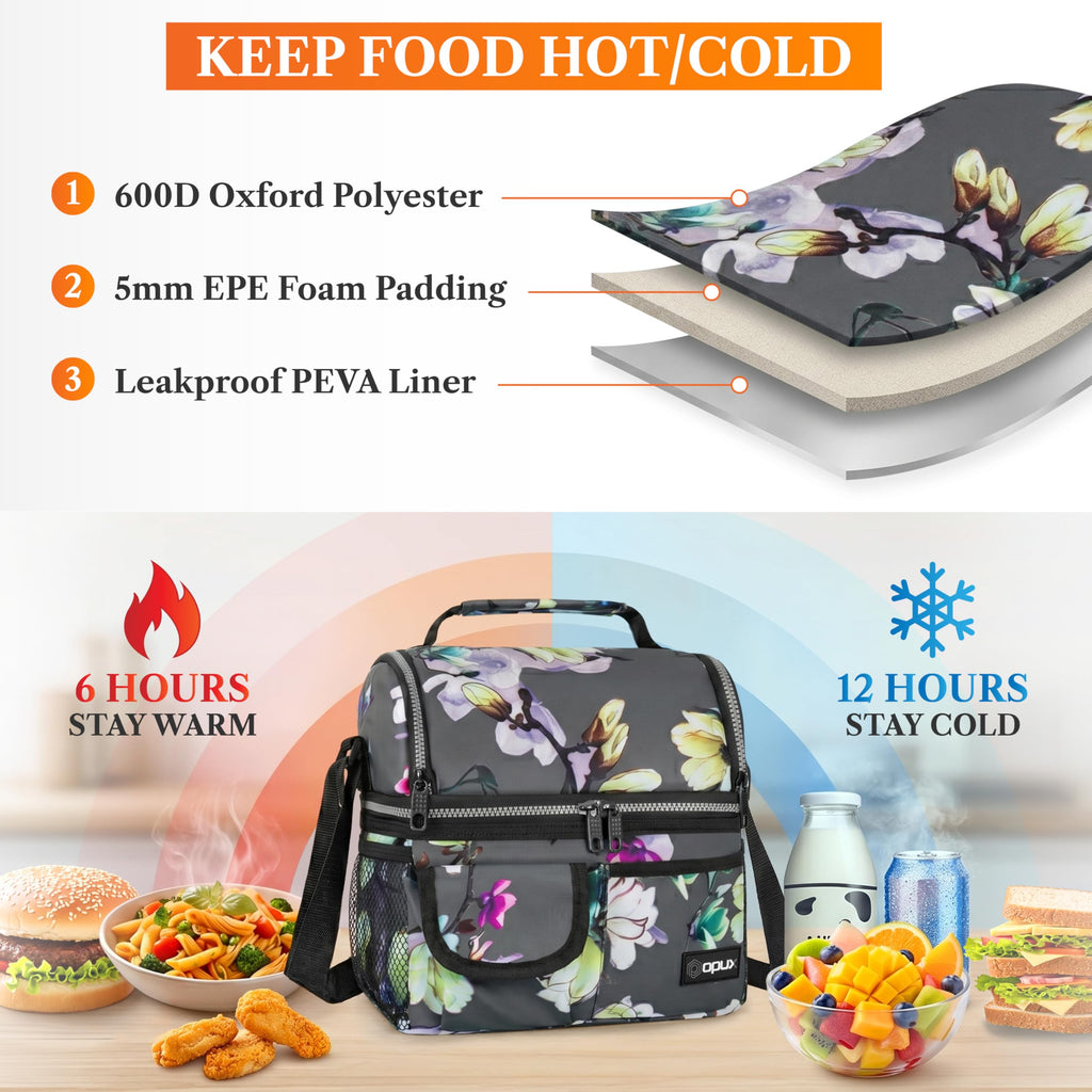 opux Insulated Lunch Bag Women Men, Dual Compartment Leakproof Lunch Box Adults Kids, Double Decker Meal Prep Bento Lunch Cooler Tote with Shoulder Strap for Work Office School Travel, Black