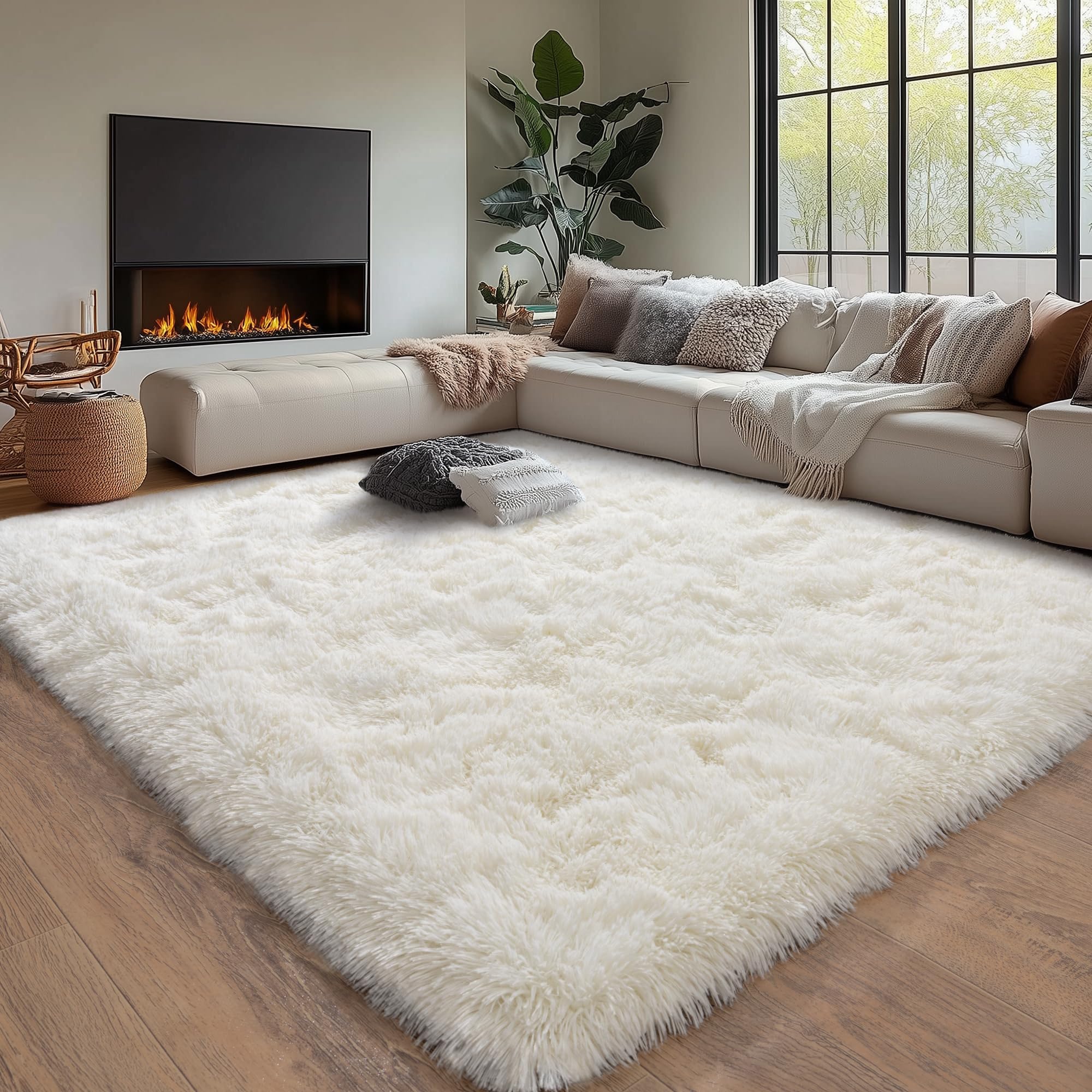 Beige Fluffy Rug for Bedroom 4x6ft - Ultra Soft & Non Slip Shaggy Area Rug, Comfy Durable Carpet for Living Room Kids Room Teens Dorm Home Decor, 1.7'' Thick Indoor Plush Carpets