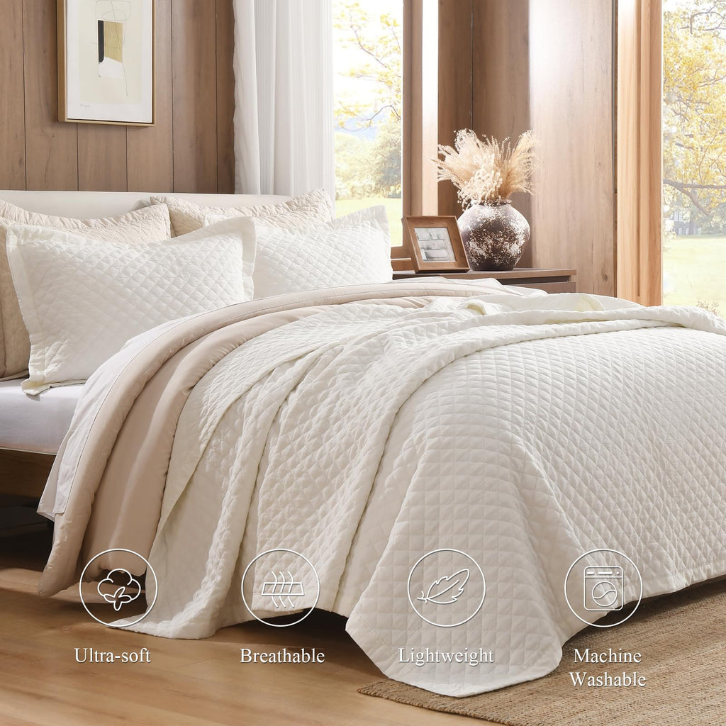 Grassix Linen Quilt Set Queen Size 3-Piece, 100% Linen Front & Cotton Back, Prewashed Diamond Stitch Bedspread with 2 Shams, Lightweight Breathable Quilt for Hot Sleepers, Modern Farmhouse Bedding