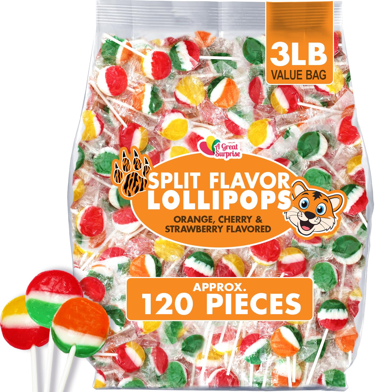 A Great Surprise Classic Lollipops - 3 Pounds - Individually Wrapped Candies - Flat Round Bulk Suckers For Kids, Doctors Office, Schools, Banks