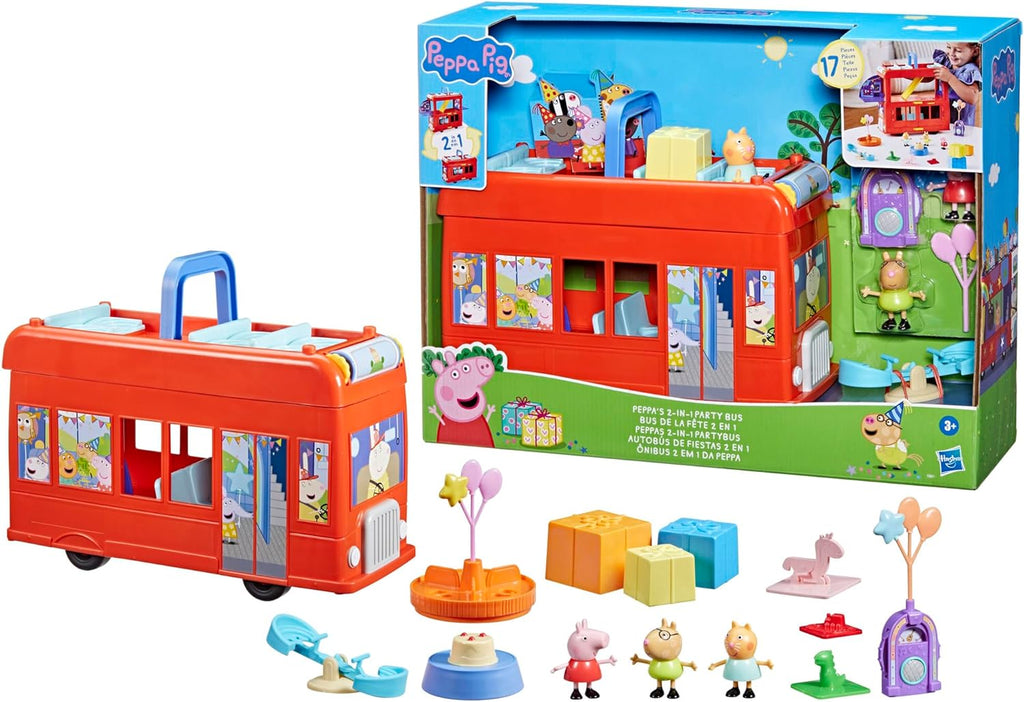 Peppa Pig 2-in-1 Party Bus Playset with 3 Figures and 13 Accessory Pieces, Preschool Toys for Girls and Boys, Kids Gifts, Ages 3+