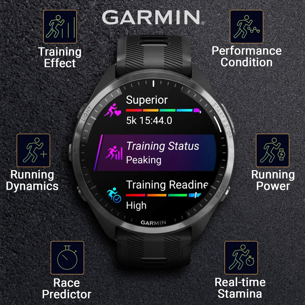 Garmin Forerunner 965 Premium GPS Running and Triathlon 47 mm Smartwatch with AMOLED Touchscreen Display, Carbon Gray DLC Titanium Bezel and Yellow Silicone Band + Black Earbuds Bundle