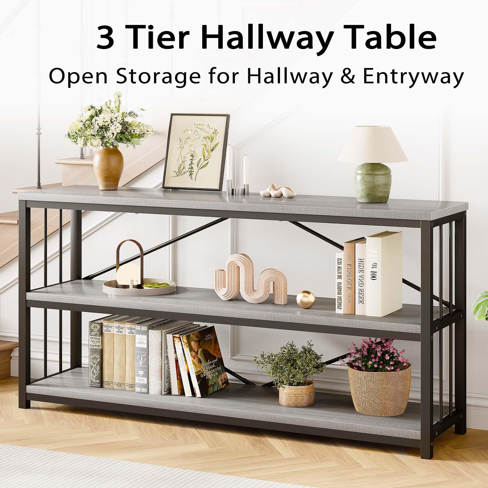 LVB Black Console Table, Modern Entryway Table for Hallway Living Room, Industrial Sofa Table Behind Couch, Farmhouse Wooden Metal Entry Table for Foyer with 3-Tier Storage Shelves, Black Oak, 55 Inch