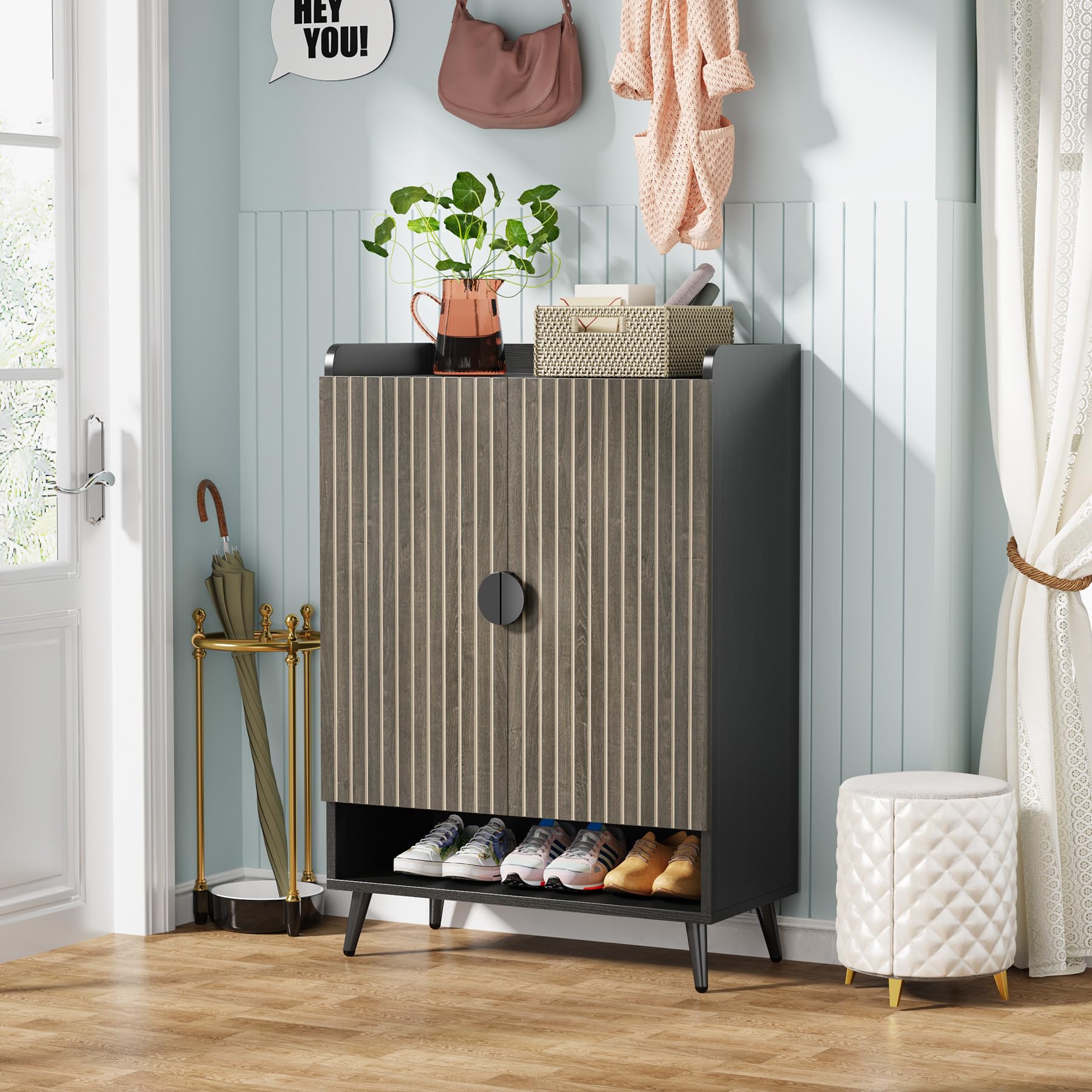 Tribesigns Shoe Cabinet with Doors, 7-Tier Shoe Storage Cabinet with Adjustable Shelves, Wooden Shoes Rack Shoe Storage Organizer for Entryway, Hallway, Closet, Living Room, Black