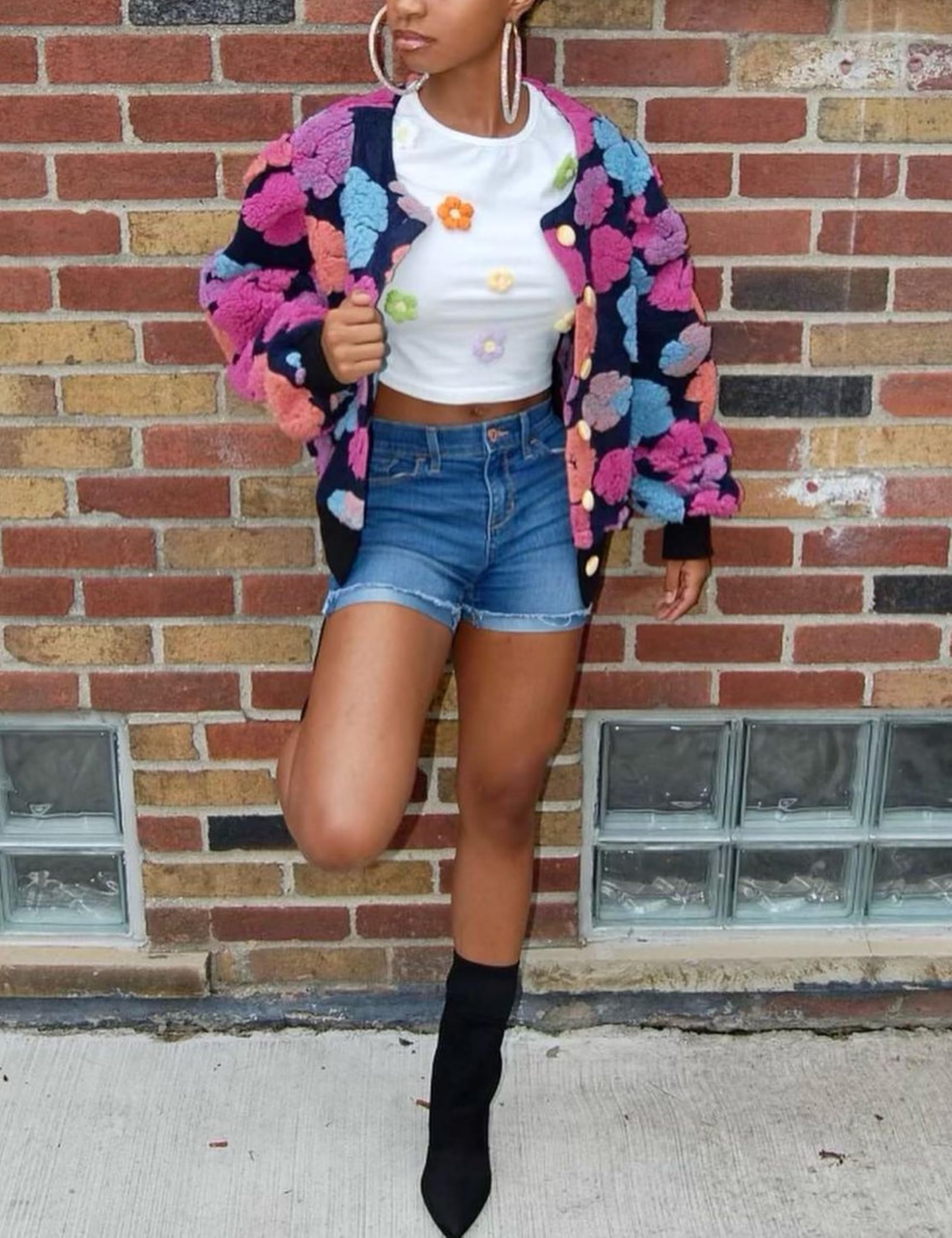 Womens Cropped Floral Print Jacket Warm Fleece Bomber Jacket Casual Button Down Coats Fall Puff Outerwears
