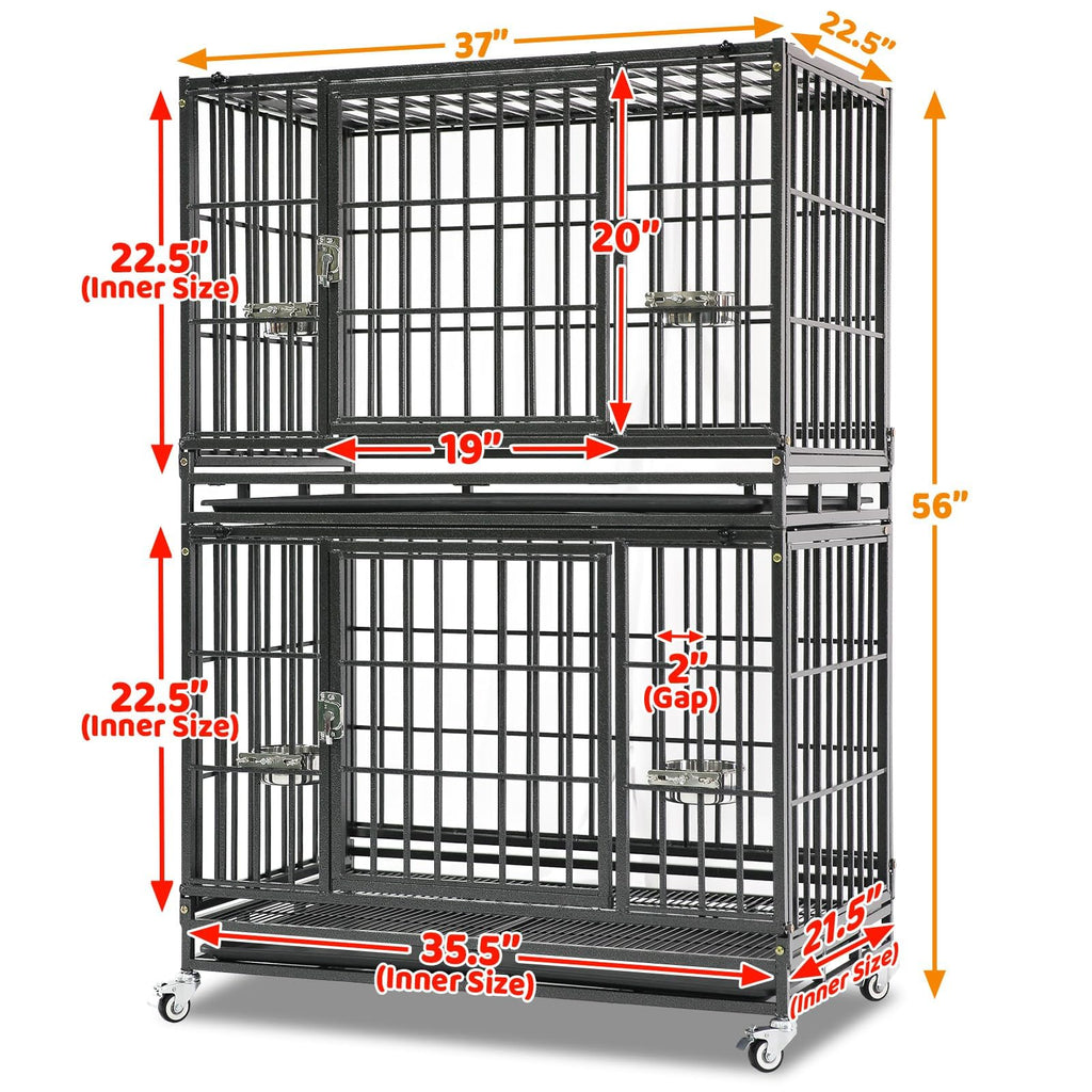Homey Pet 37 inch Stackable Heavy Duty Dog Crate, Indestructible Escape Proof Dogs Cage Kennel with Lockable Wheels, Removable Tray & Metal Grid, Double Doors for High Anxiety Medium/Small Dogs