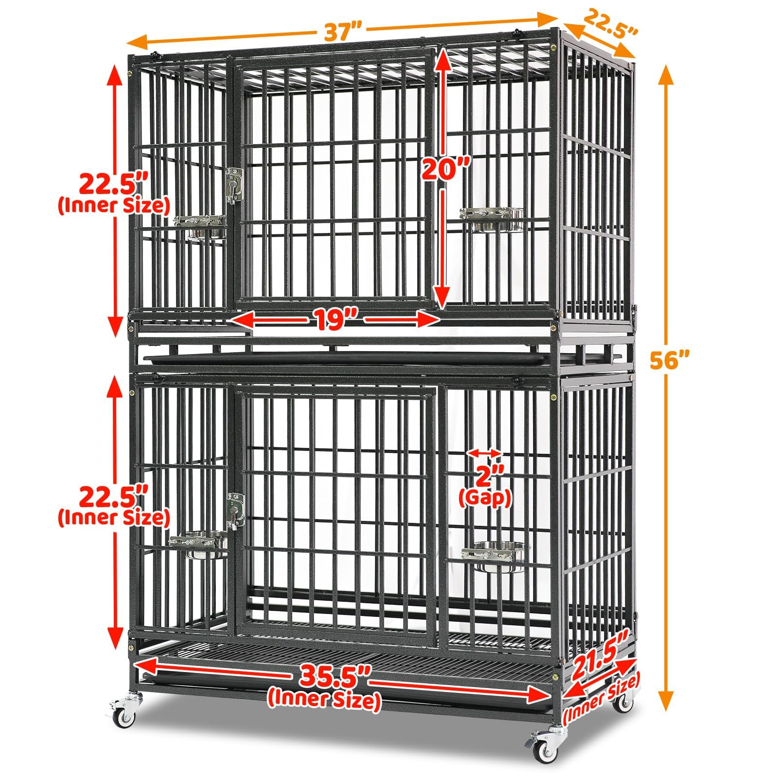 Homey Pet 37 inch Stackable Heavy Duty Dog Crate, Indestructible Escape Proof Dogs Cage Kennel with Lockable Wheels, Removable Tray & Metal Grid, Double Doors for High Anxiety Medium/Small Dogs