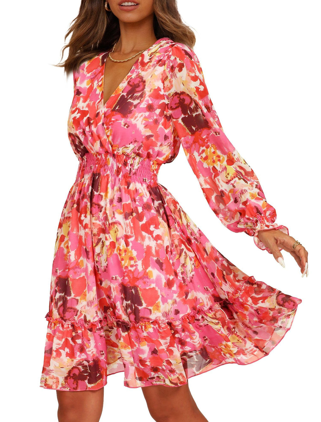 Prettywear Women's Floral Chiffon Long Sleeve Mini Dress Flowy A-Line Wrap Neck Tie Back Short Dress