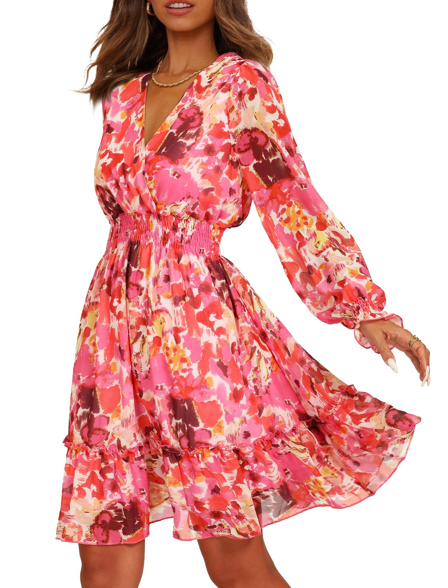 Prettywear Women's Floral Chiffon Long Sleeve Mini Dress Flowy A-Line Wrap Neck Tie Back Short Dress